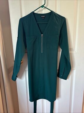 Express Women's Teal Zip-Pocket Long Sleeve Dress